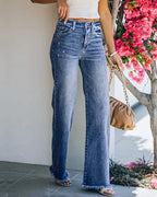 high waist pocket design fringe hem jeans