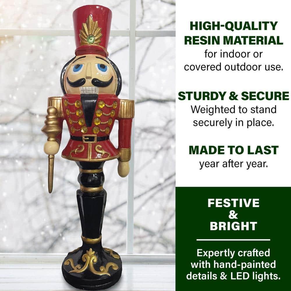 36 in. Red Resin Christmas Nutcracker Toy Soldier on a Pedestal Base with LED Lights