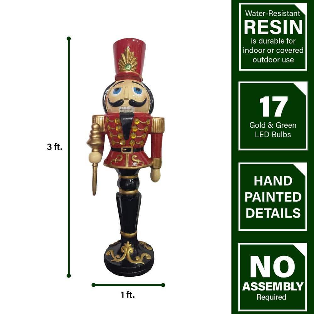 36 in. Red Resin Christmas Nutcracker Toy Soldier on a Pedestal Base with LED Lights