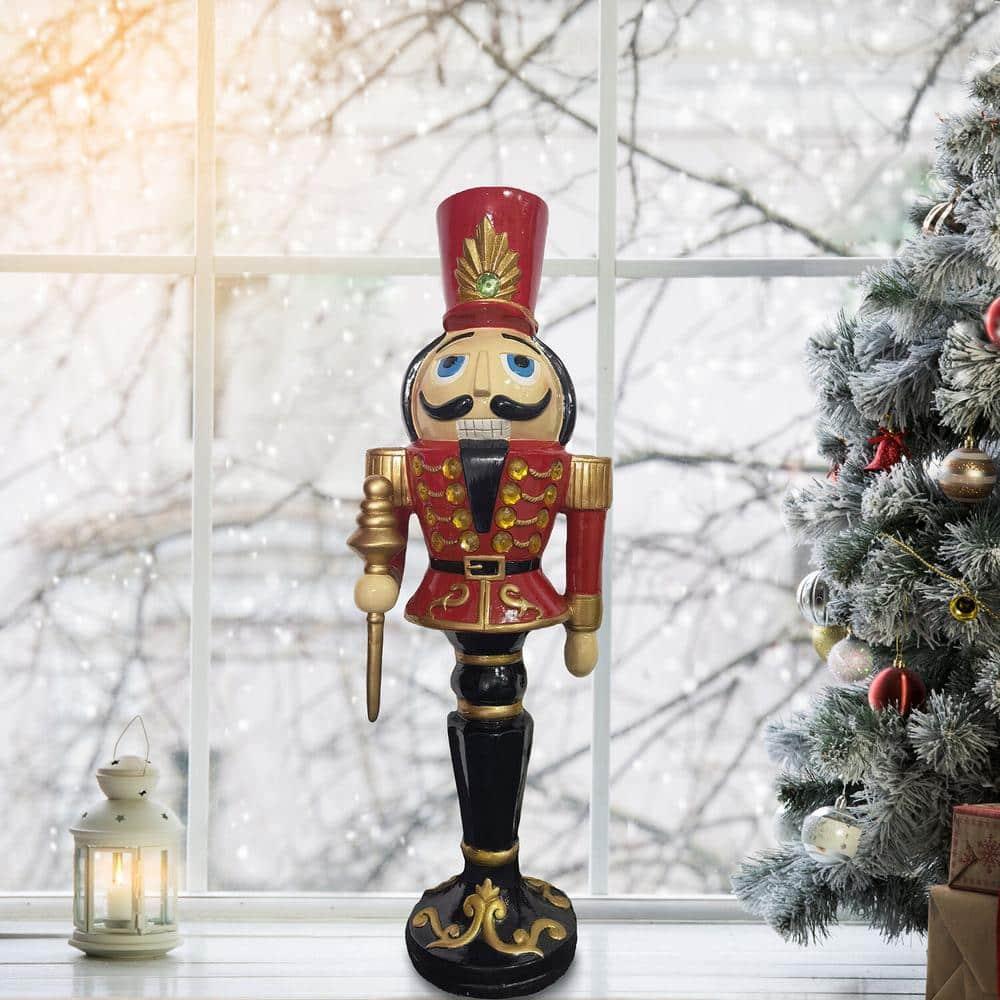 36 in. Red Resin Christmas Nutcracker Toy Soldier on a Pedestal Base with LED Lights