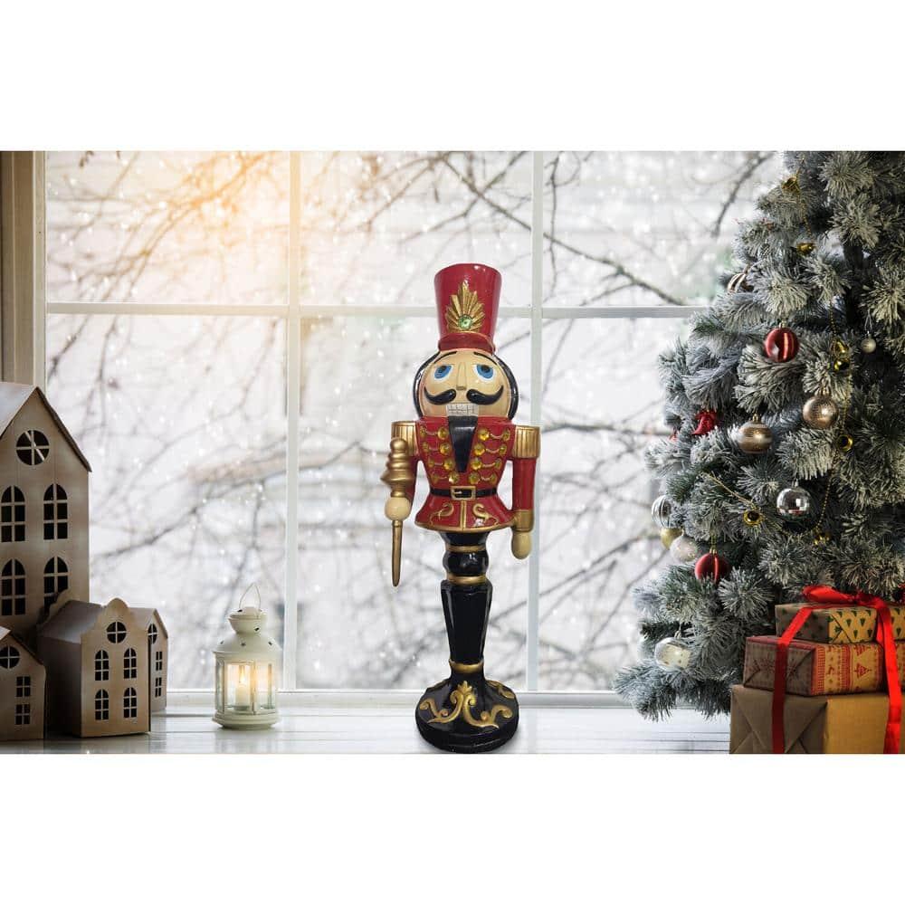 36 in. Red Resin Christmas Nutcracker Toy Soldier on a Pedestal Base with LED Lights