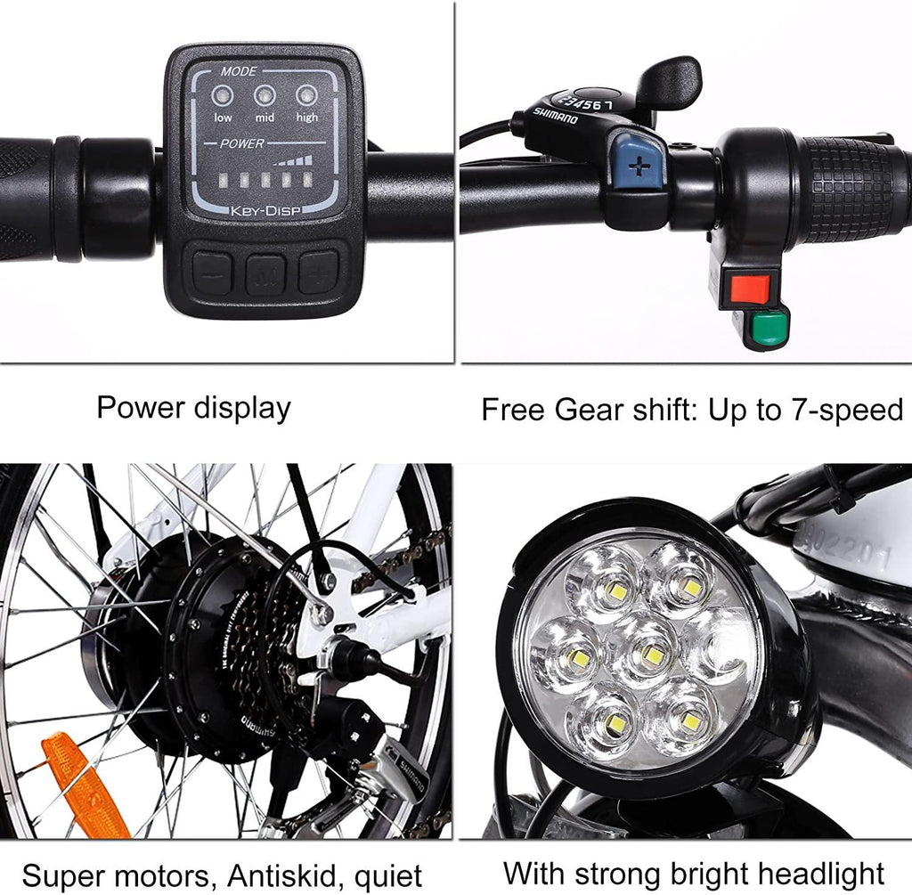 20 Inch Folding Electric Bike, Electric Bicycle with 36V 8Ah Removable Lithium-Ion Battery, Lightweight Ebike with 250W Motor and 7 Speed Gears