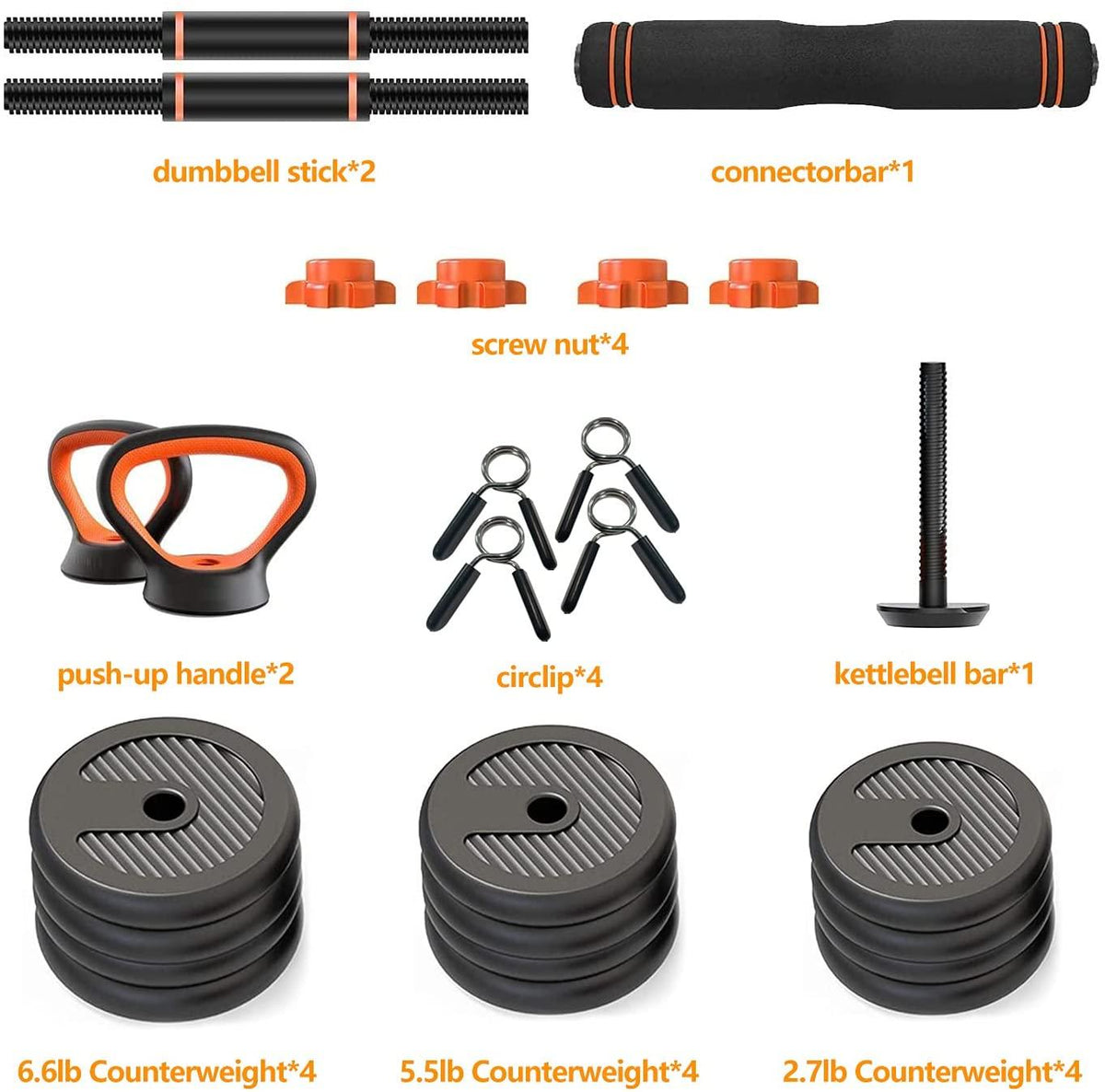 Adjustable Dumbbell Set, 44LB Weights Dumbbells ,4 in 1 Set Barbell, Dumbbell, Kettlebell and Push-ups, Non-slip Handles, Push up, Fitness Home Gym for Men Women