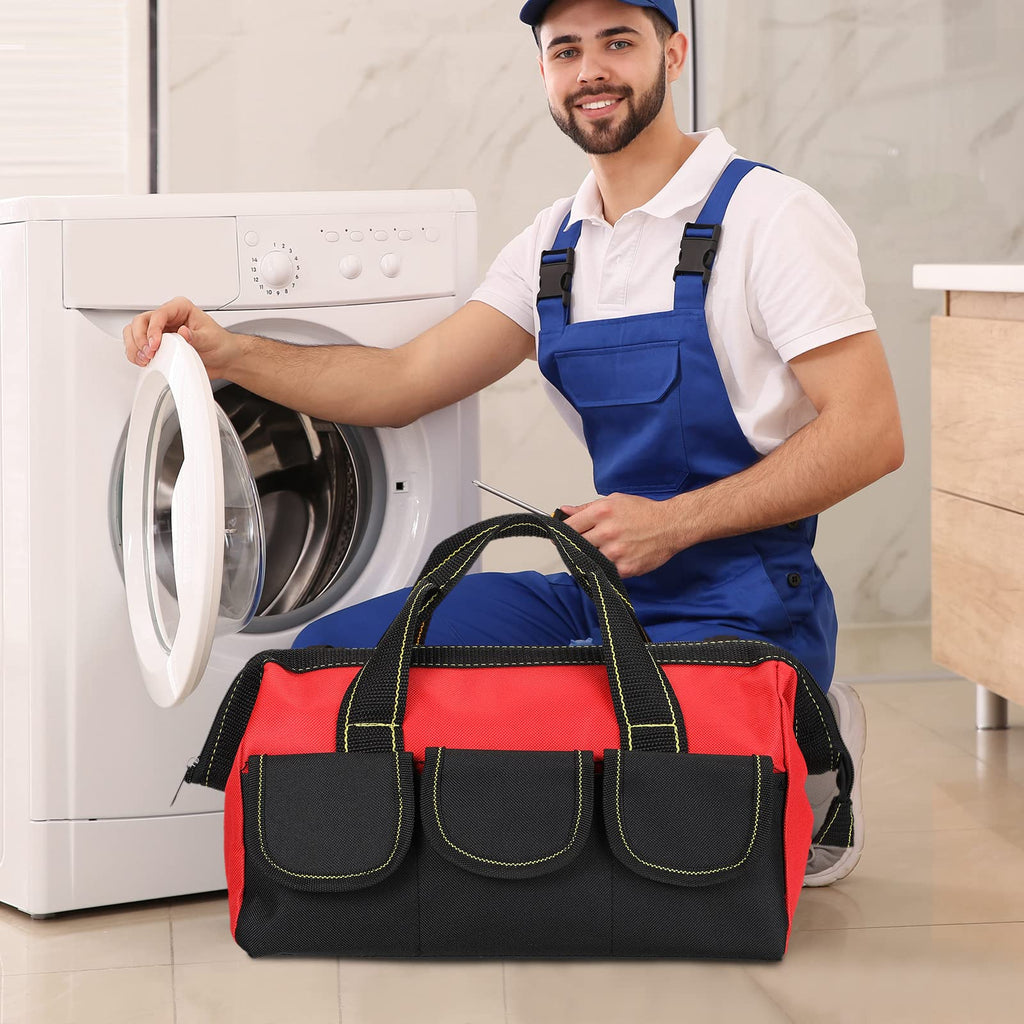 3 Pack Tool Bag for Men with Waterproof Hard Bottom, Heavy Duty Tool Bag Wide Mouth Tote for Various Instrument, Electrician Carpenter Mechanic(Blue, Red, Yellow,13 Inch,Classic)
