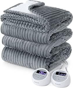 Electric Blanket Size - Heated Blanket Soft Ribbed Fleece Fast Heating Blanket with 10 Heating Levels  10 Time Settings, 8 Hours Auto-Off, Dual Control (90×100 inches, Dark Grey)