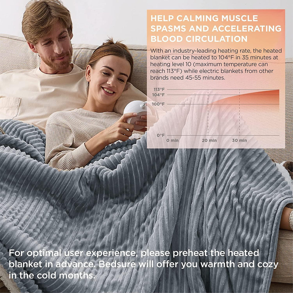 Heated Blanket Queen Size - Soft Ribbed Fleece Fast Heating Electric Blanket with 10 Heating Levels  10 Time Settings, 8 Hours Auto-Off Heated Blanket, Dual Control (84?90 inches, Dark Grey)