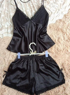 Clothing -  Women Sexy Deep V-neck Sleeveless Silk Lace Top With Shorts Sleepwear Set