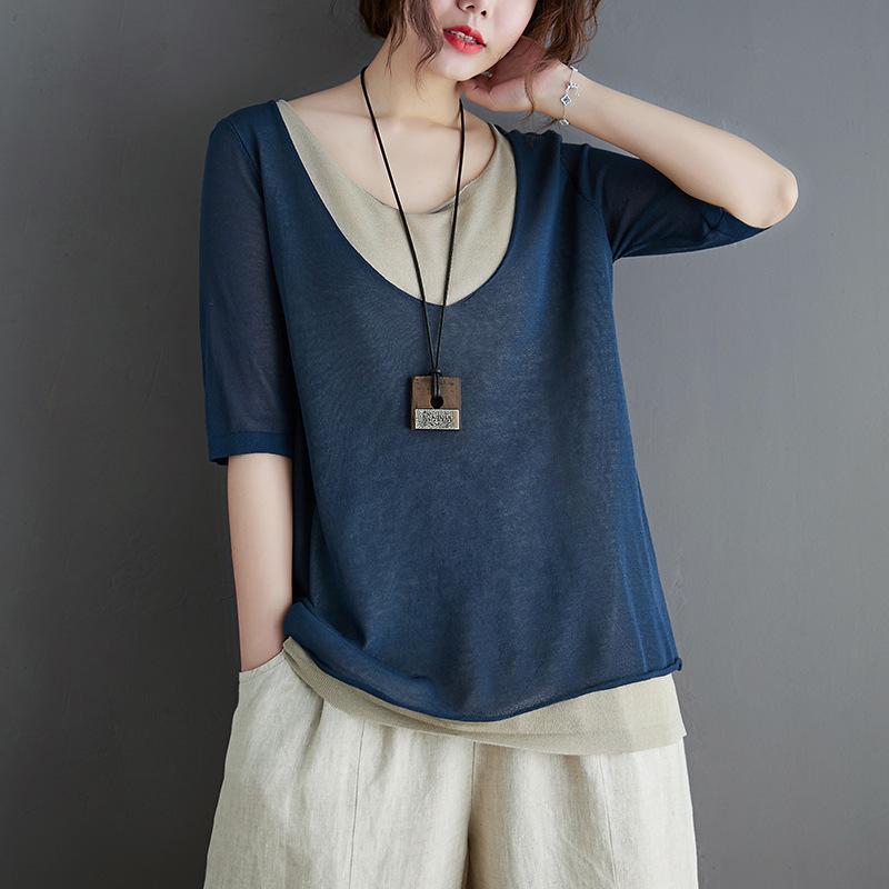 splice fake two short - sleeved cotton linen t-shirts