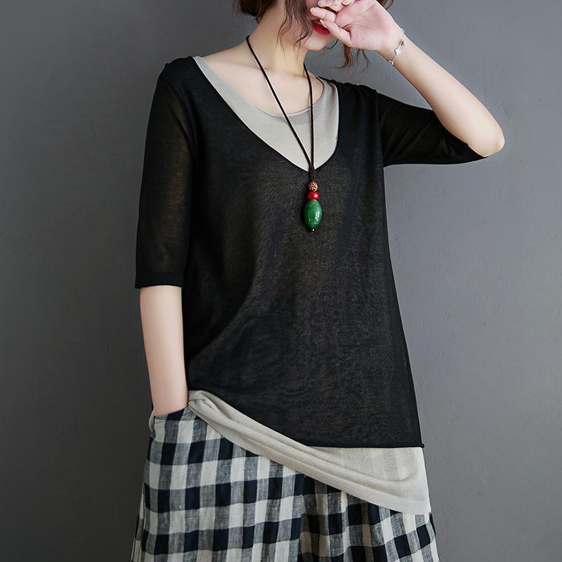 splice fake two short - sleeved cotton linen t-shirts
