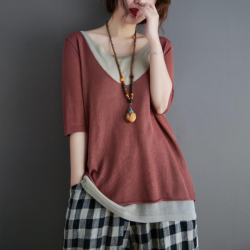splice fake two short - sleeved cotton linen t-shirts