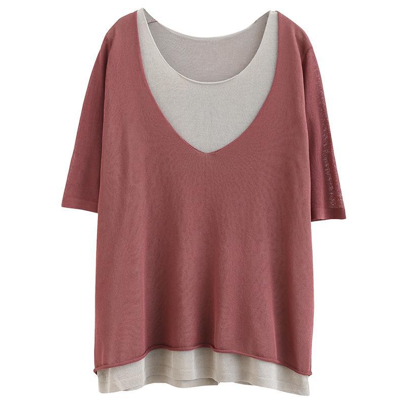 splice fake two short - sleeved cotton linen t-shirts