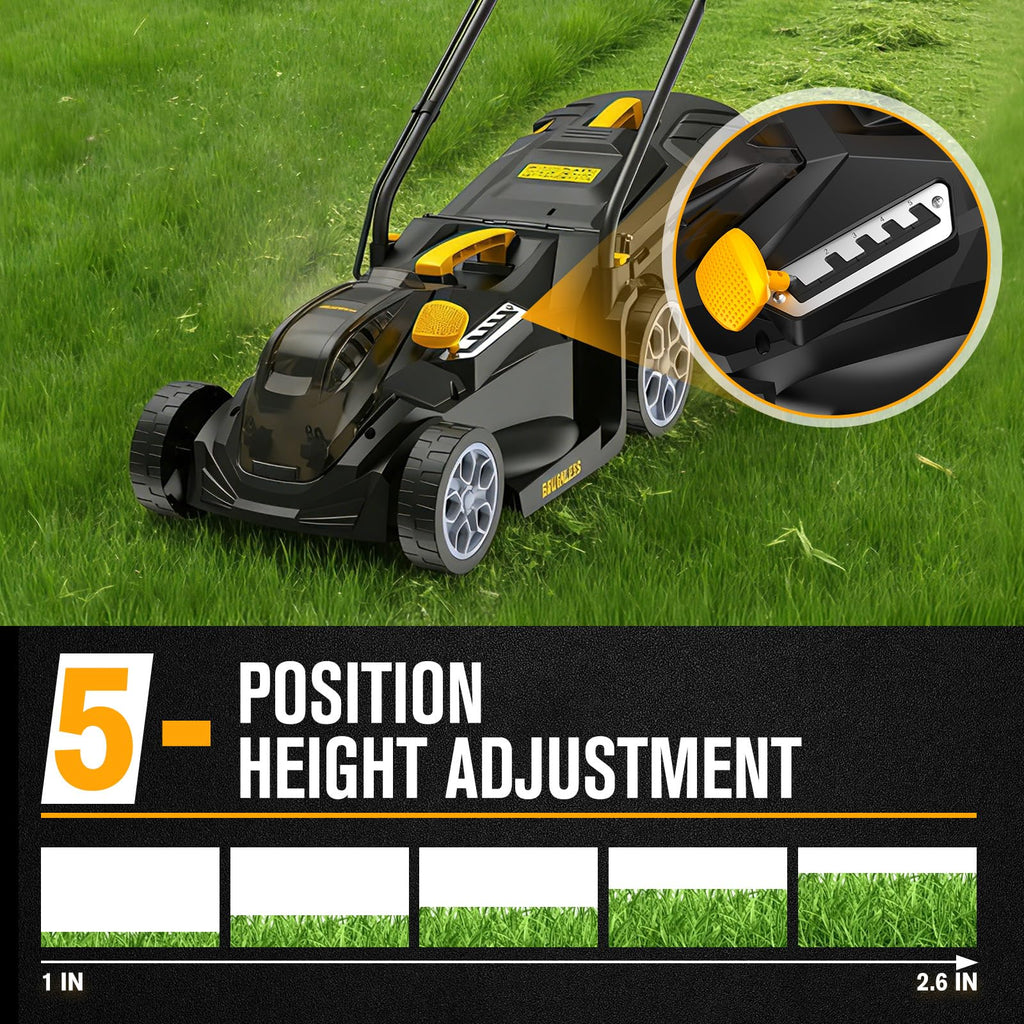 Cordless Lawn Mower Compatible with Dewalt 20V MAX Battery | 14", 2-in-1 Brushless Electric Lawn Mower for Small Yards, Push Mowers with 5-Position Height Adjustment, Black (Tool Only)
