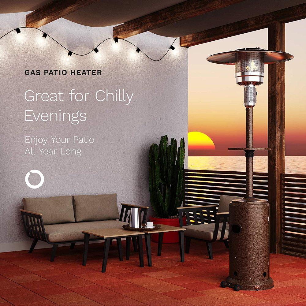 LAKeyen Gas Patio Heater - 87 Inches Tall Premium Standing Outdoor Heater with Drink Shelf Tabletop - Auto Shut Off Portable Power Heater with Simple Ignition System Wheels and Base Reservoir