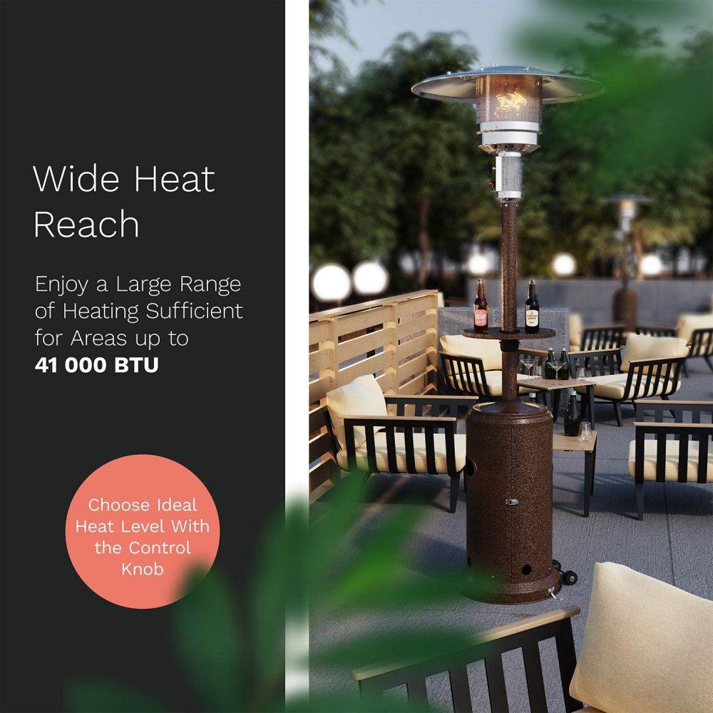 LAKeyen Gas Patio Heater - 87 Inches Tall Premium Standing Outdoor Heater with Drink Shelf Tabletop - Auto Shut Off Portable Power Heater with Simple Ignition System Wheels and Base Reservoir