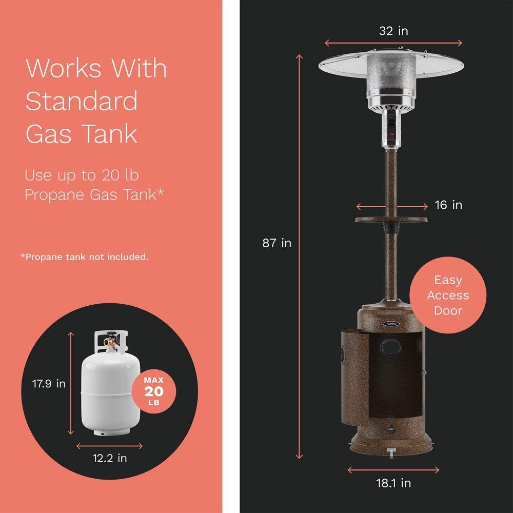LAKeyen Gas Patio Heater - 87 Inches Tall Premium Standing Outdoor Heater with Drink Shelf Tabletop - Auto Shut Off Portable Power Heater with Simple Ignition System Wheels and Base Reservoir