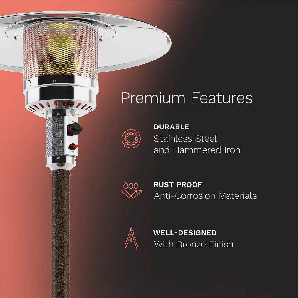 LAKeyen Gas Patio Heater - 87 Inches Tall Premium Standing Outdoor Heater with Drink Shelf Tabletop - Auto Shut Off Portable Power Heater with Simple Ignition System Wheels and Base Reservoir