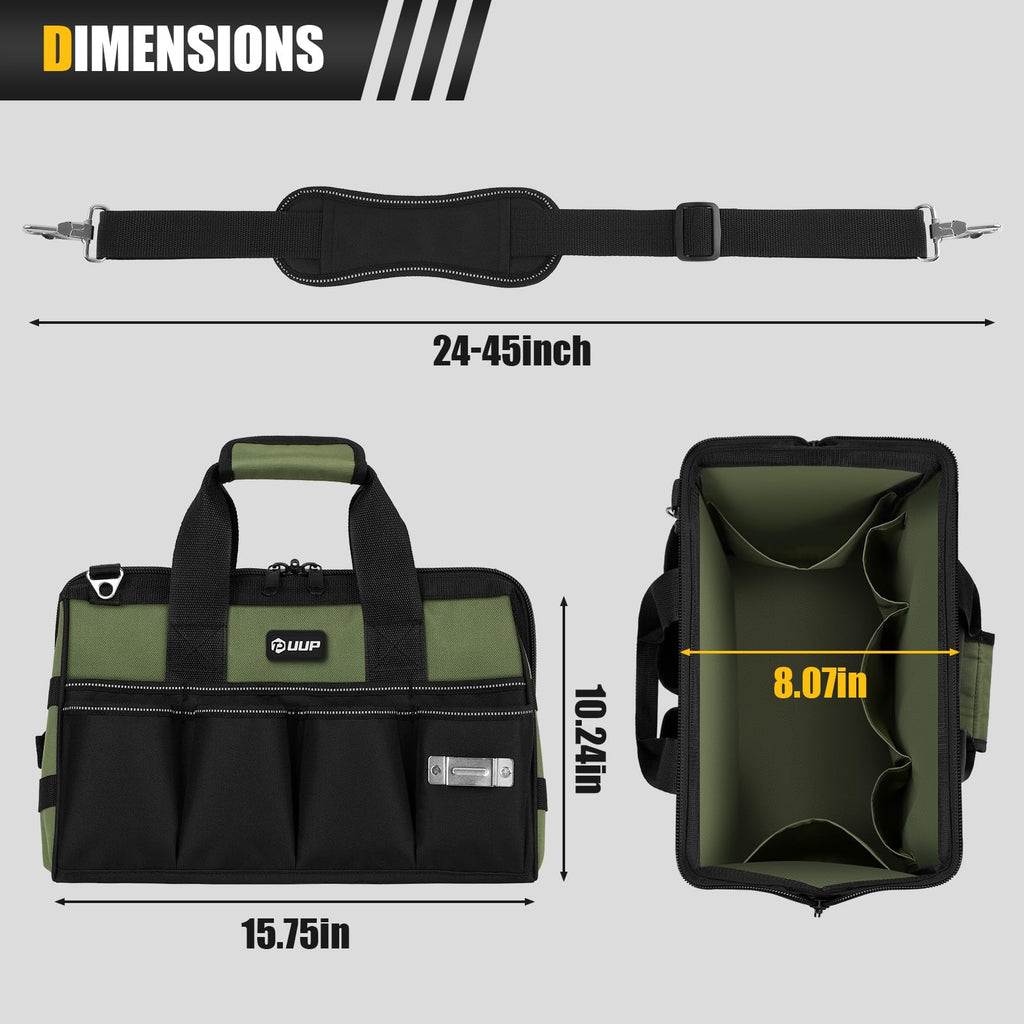 Heavy Duty Tool Bag 15-Inch, 16-Pocket Portable Empty Tool Box Organizer, Big StoraToolbox Organization, Soft Handle LarZipper Carrying Toolbag, Father Day Gifts for Him Dad Men, Green