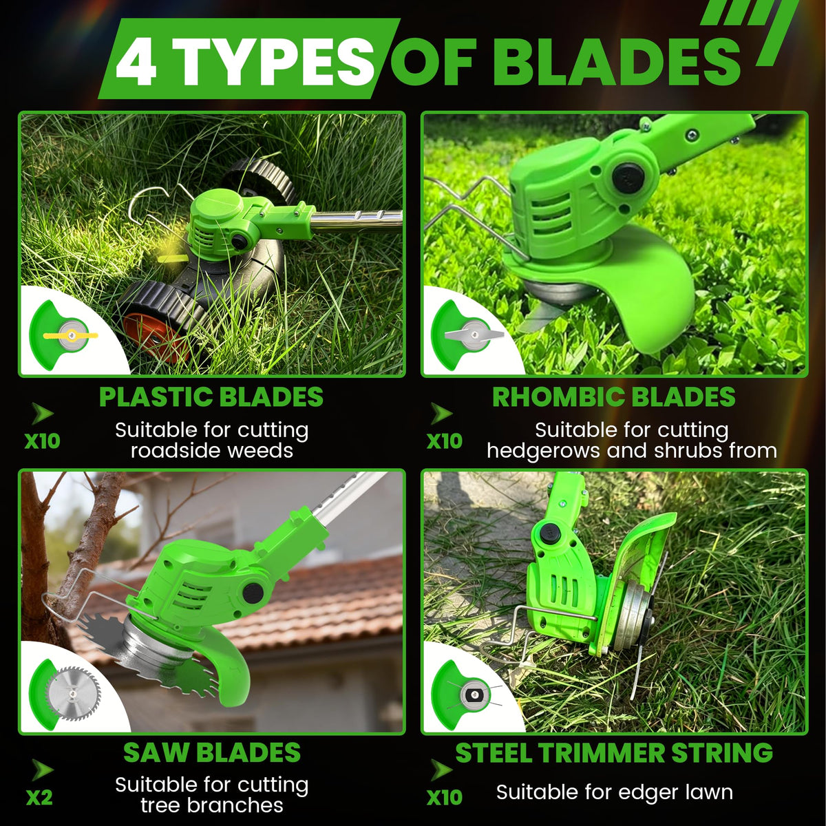 21V Electric Weed Wacker, Cordless Weed Eater Battery Powered, Lightweight Stringless Weed Trimmer with 2 Battery Operated &amp; Wheels, 4 in 1 Grass Trimmer/Brush Cutter/Lawn Edger/Mower for Garden Yard