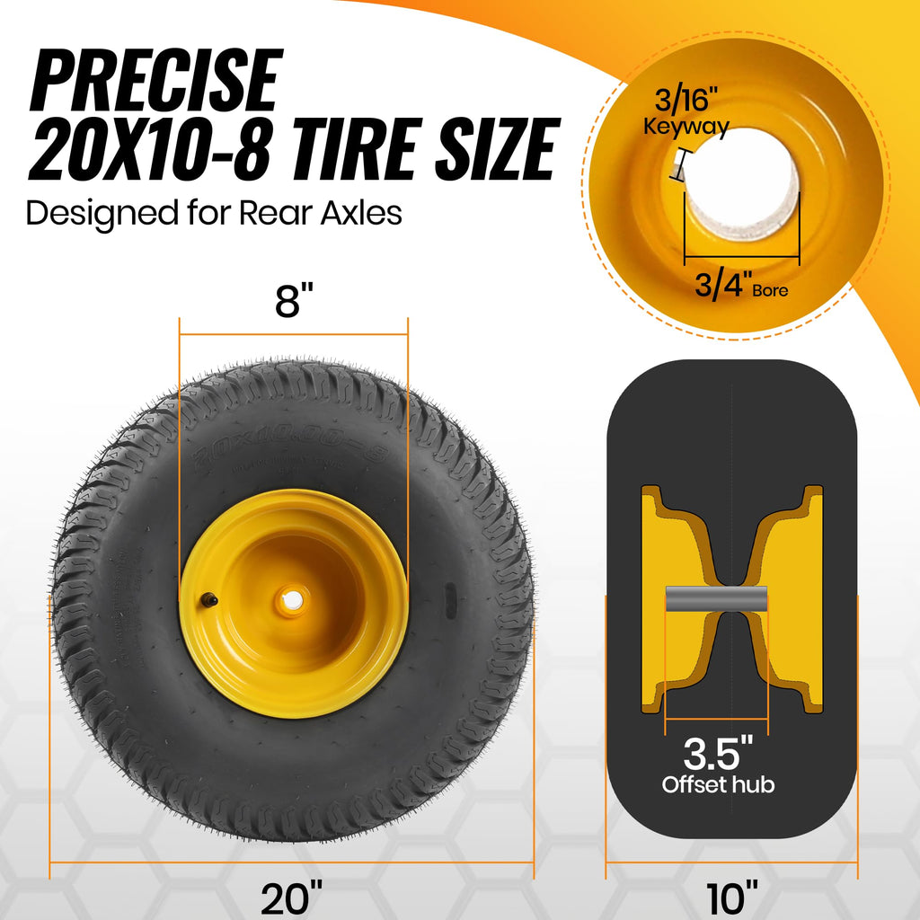 20x10.00-8 Tubeless Lawn Mower Tire and Wheel Assembly (2-Pack), 4-Ply Rear Tire with Steel Rim, 3/4" Bore &amp; 3/16" Keyway, 3.5" Offset Hub, S-Turf Tread, Riding Lawn Mower &amp; Garden Tractor