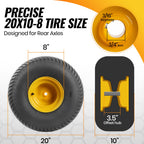 20x10.00-8 Tubeless Lawn Mower Tire and Wheel Assembly (2-Pack), 4-Ply Rear Tire with Steel Rim, 3/4" Bore &amp; 3/16" Keyway, 3.5" Offset Hub, S-Turf Tread, Riding Lawn Mower &amp; Garden Tractor