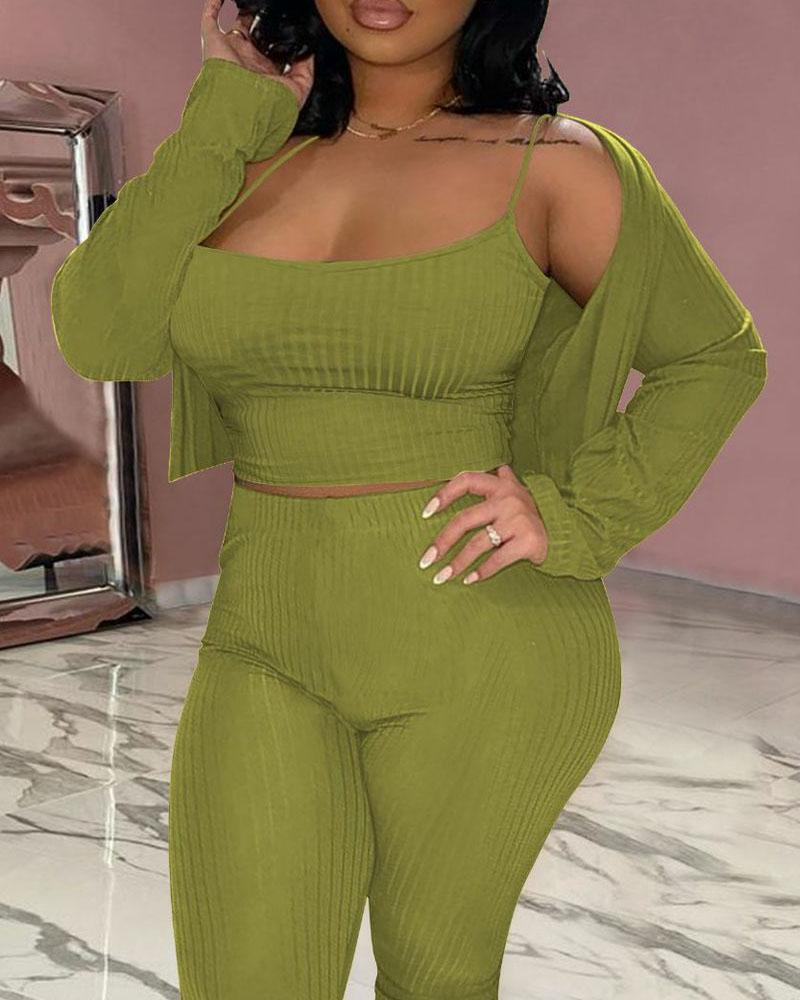 ribbed crop cami top &amp; pants with cardigan set
