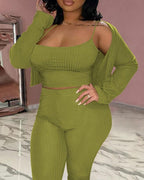 ribbed crop cami top &amp; pants with cardigan set