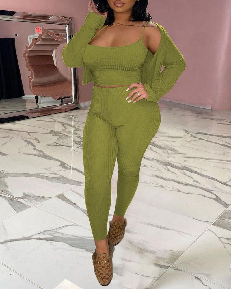 ribbed crop cami top &amp; pants with cardigan set
