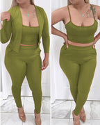 ribbed crop cami top &amp; pants with cardigan set