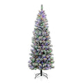 7.5 ft. Pre-Lit Flocked Pencil Green Pine Artificial Christmas Tree with 300 LED Lights, 9 Functional White/Multi-Color