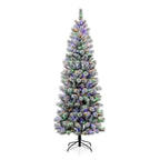 7.5 ft. Pre-Lit Flocked Pencil Green Pine Artificial Christmas Tree with 300 LED Lights, 9 Functional White/Multi-Color