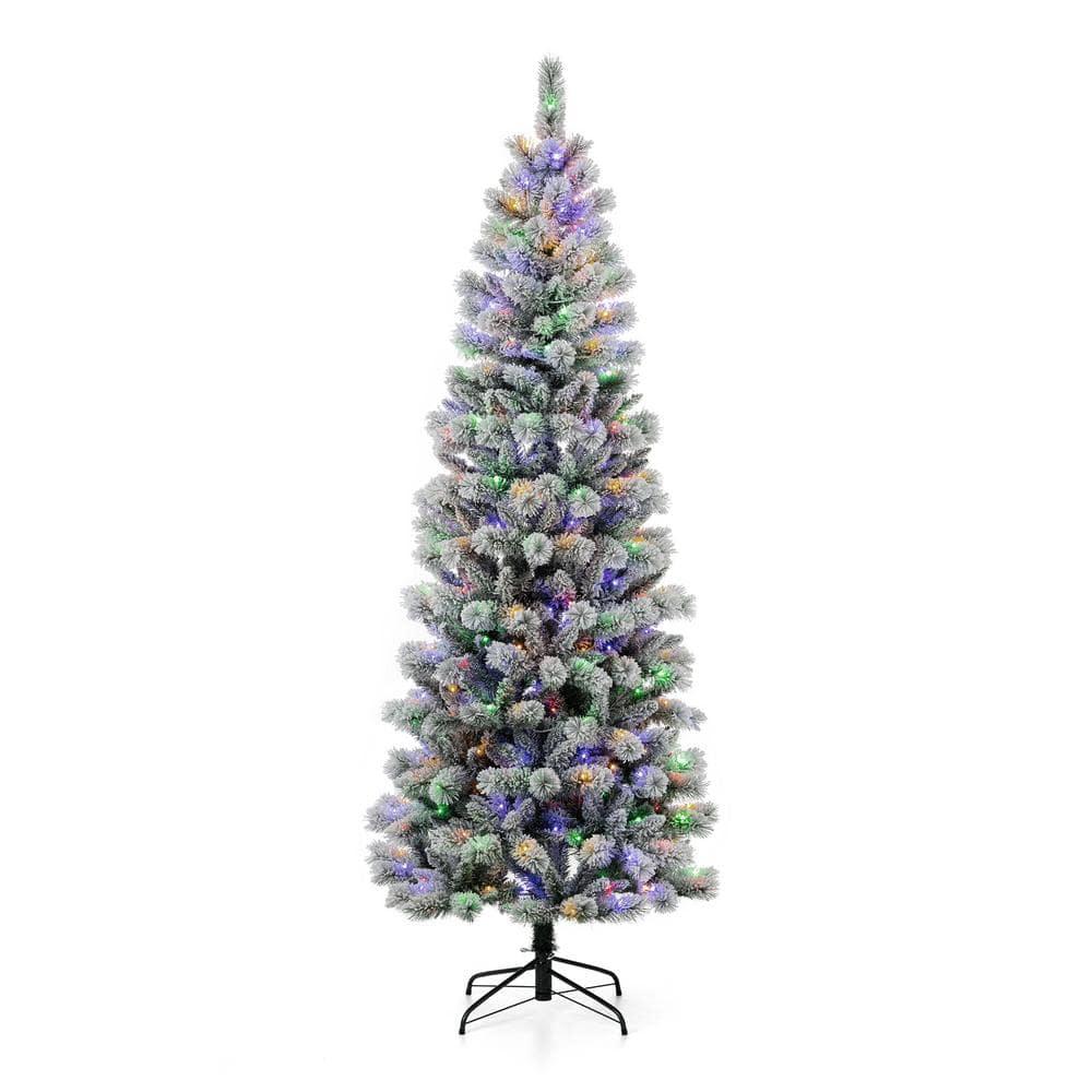 7.5 ft. Pre-Lit Flocked Pencil Green Pine Artificial Christmas Tree with 300 LED Lights, 9 Functional White/Multi-Color