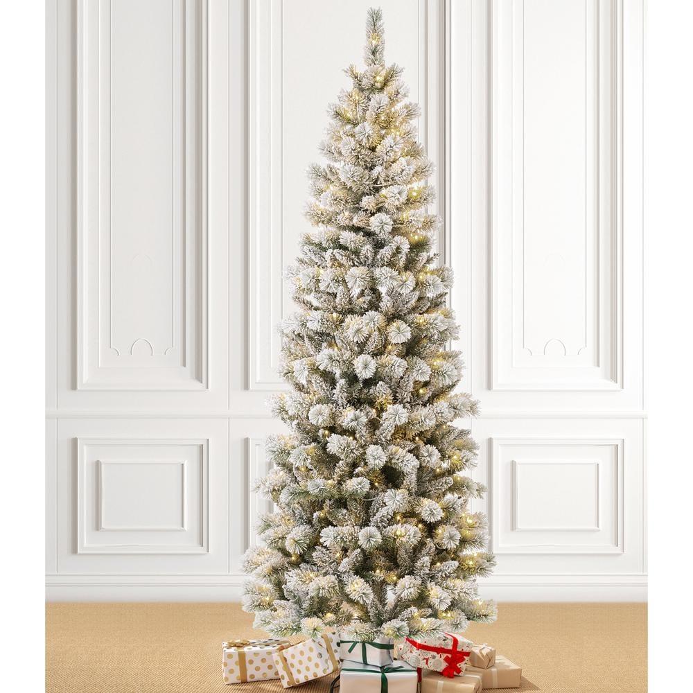 7.5 ft. Pre-Lit Flocked Pencil Green Pine Artificial Christmas Tree with 300 LED Lights, 9 Functional White/Multi-Color