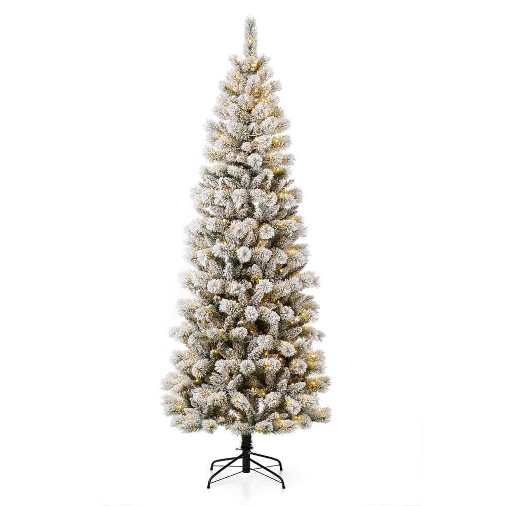 7.5 ft. Pre-Lit Flocked Pencil Green Pine Artificial Christmas Tree with 300 LED Lights, 9 Functional White/Multi-Color