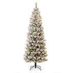 7.5 ft. Pre-Lit Flocked Pencil Green Pine Artificial Christmas Tree with 300 LED Lights, 9 Functional White/Multi-Color