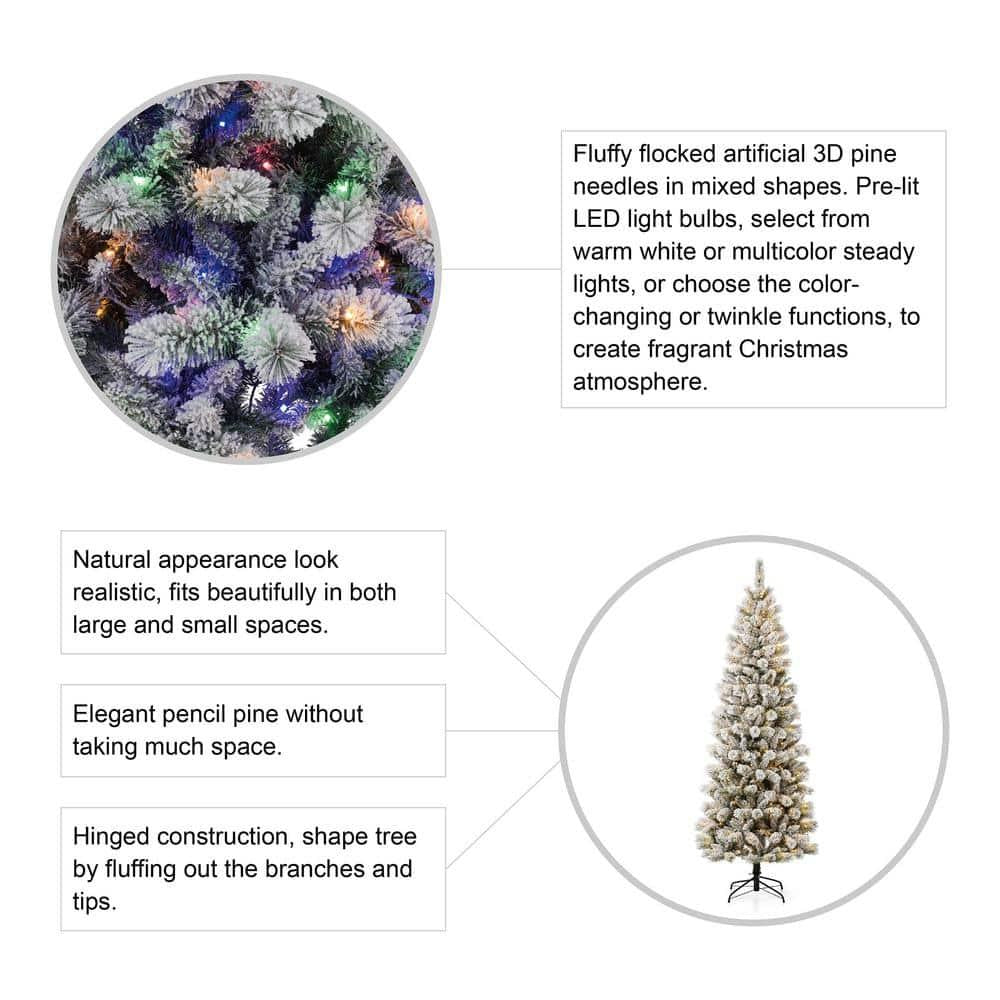 7.5 ft. Pre-Lit Flocked Pencil Green Pine Artificial Christmas Tree with 300 LED Lights, 9 Functional White/Multi-Color
