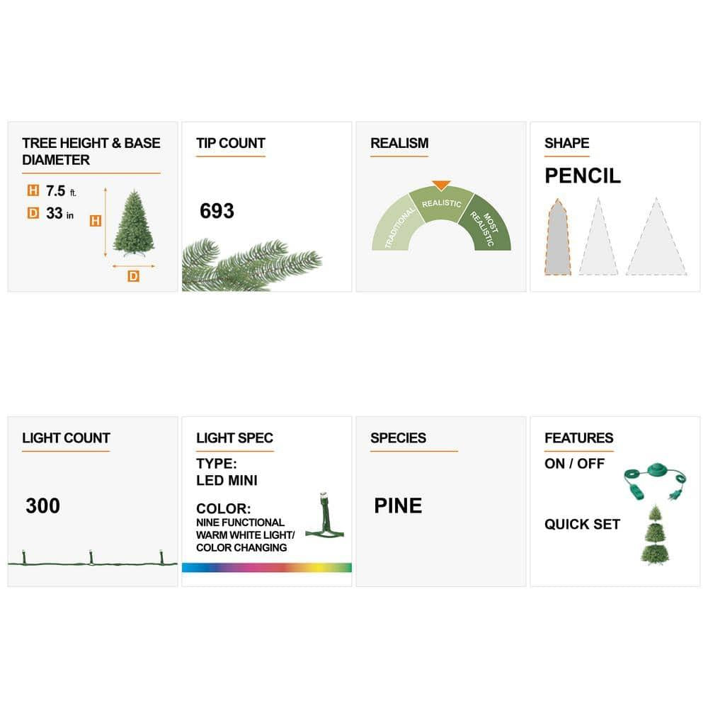 7.5 ft. Pre-Lit Flocked Pencil Green Pine Artificial Christmas Tree with 300 LED Lights, 9 Functional White/Multi-Color