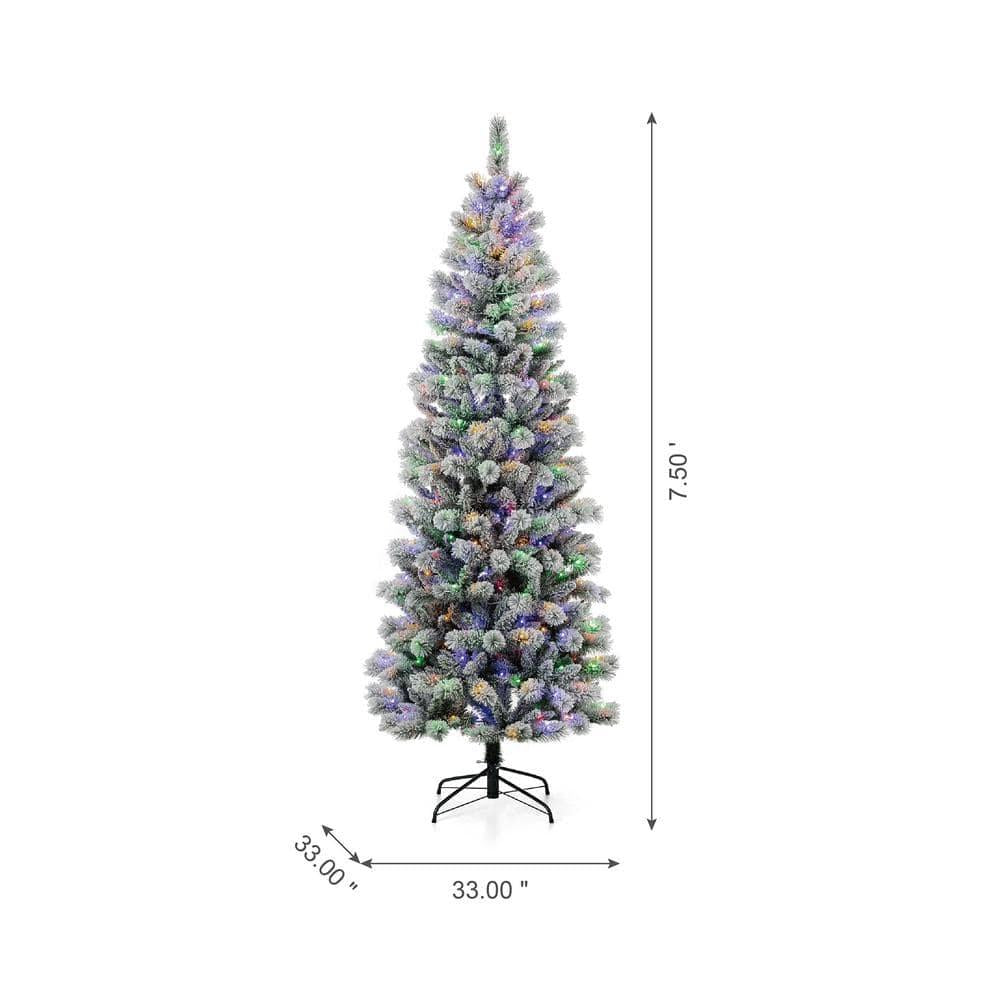 7.5 ft. Pre-Lit Flocked Pencil Green Pine Artificial Christmas Tree with 300 LED Lights, 9 Functional White/Multi-Color