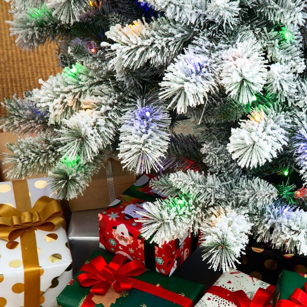 7.5 ft. Pre-Lit Flocked Pencil Green Pine Artificial Christmas Tree with 300 LED Lights, 9 Functional White/Multi-Color