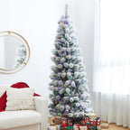 7.5 ft. Pre-Lit Flocked Pencil Green Pine Artificial Christmas Tree with 300 LED Lights, 9 Functional White/Multi-Color