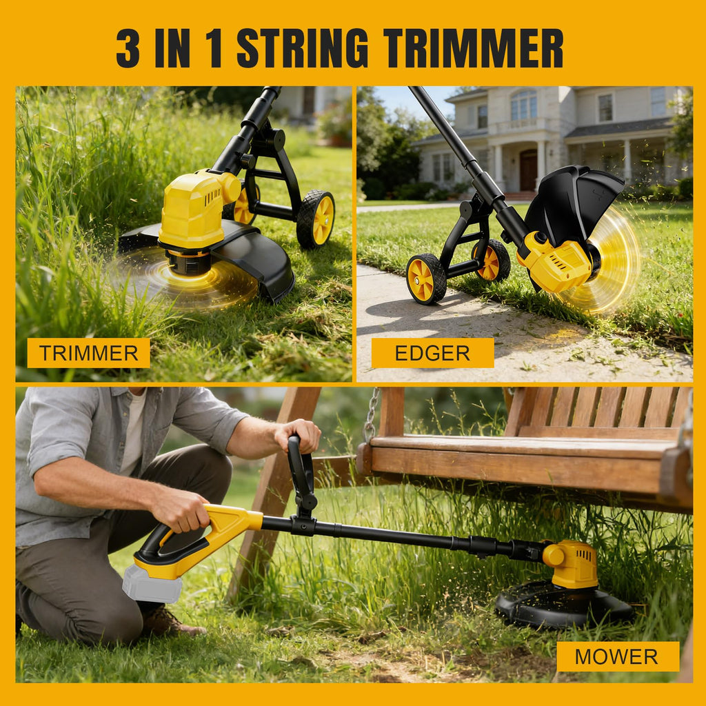 Cordless String Trimmer &amp; Lawn Edger for Dewalt 20V Battery (NO Battery), 14" Electric Weed Eater and Edger Battery Powered, 3 in 1 Lawn Tool Wheeled with 8 Pcs Grass Cutter Spool Line for Yard Garden