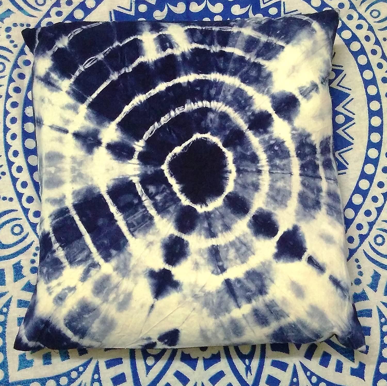 Tie Dye Shibori Cushion Covers, Indigo Colour, Decorative Cotton Throw, Shibori Sofa Pillow Cases, Bohemian Pillow Shams Outdoor Cushion Cover 16x16 (50)