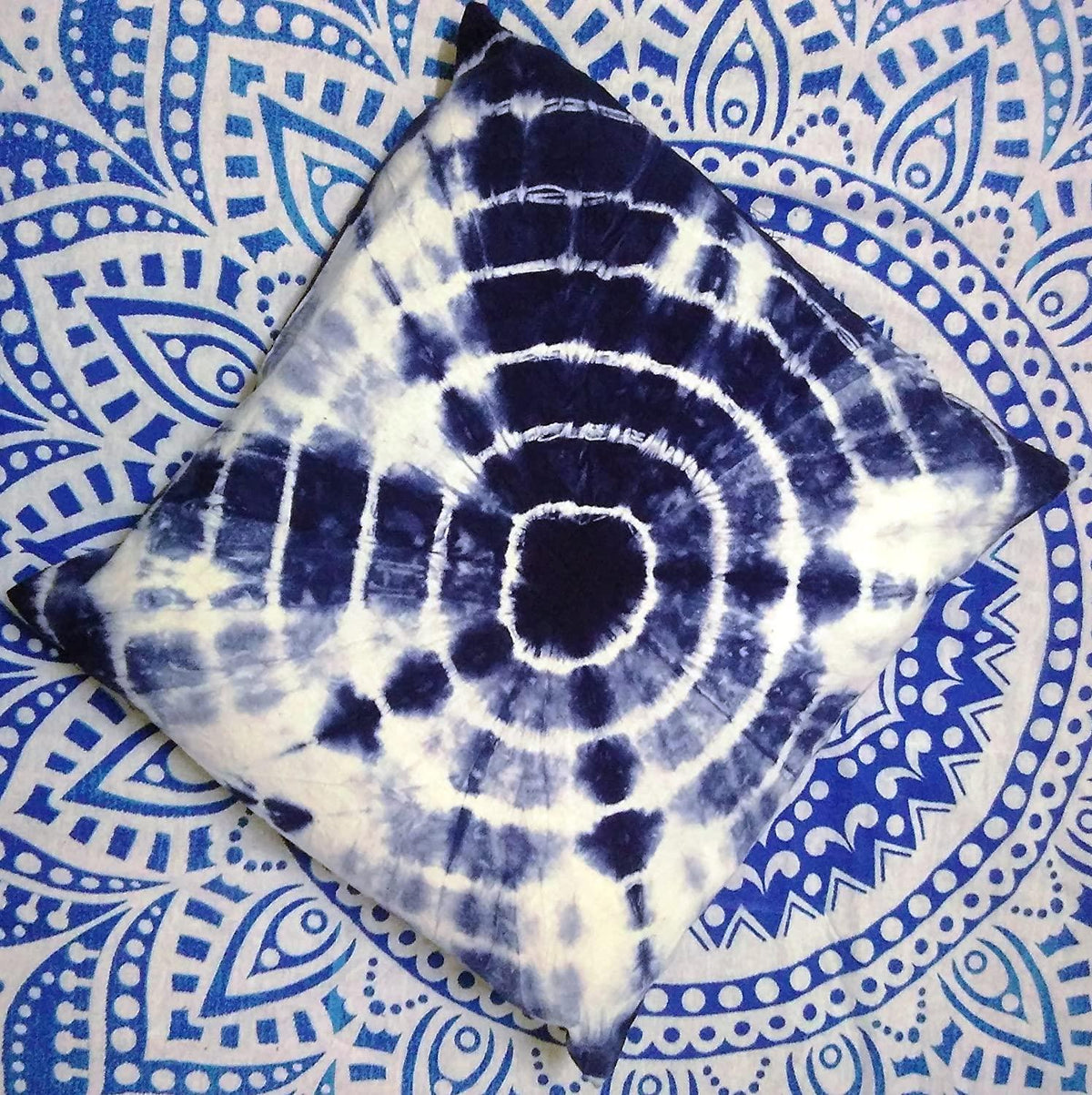 Tie Dye Shibori Cushion Covers, Indigo Colour, Decorative Cotton Throw, Shibori Sofa Pillow Cases, Bohemian Pillow Shams Outdoor Cushion Cover 16x16 (50)