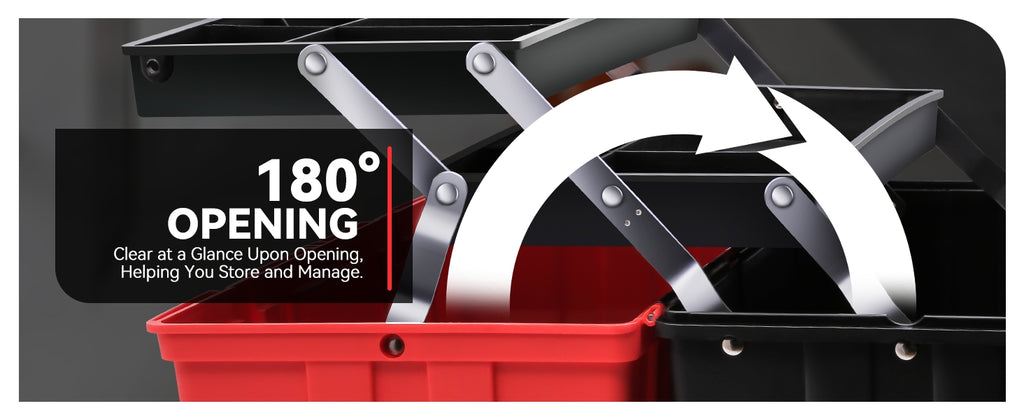 Tool Box Organizer Portable 3-layer Folding Toolbox with Non-slip Handle Tray for Garage, Workshop and On-the-Go Repairs, Red/Black