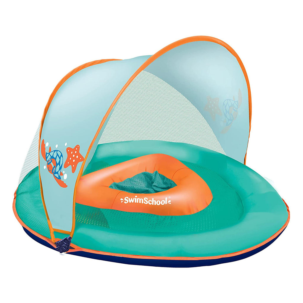 SwimSchool Baby Boat Splash and Play Float with Adjustable Safety Seat, Dual Air Pillow Chambers, and Sun Shade Canopy, Orange,