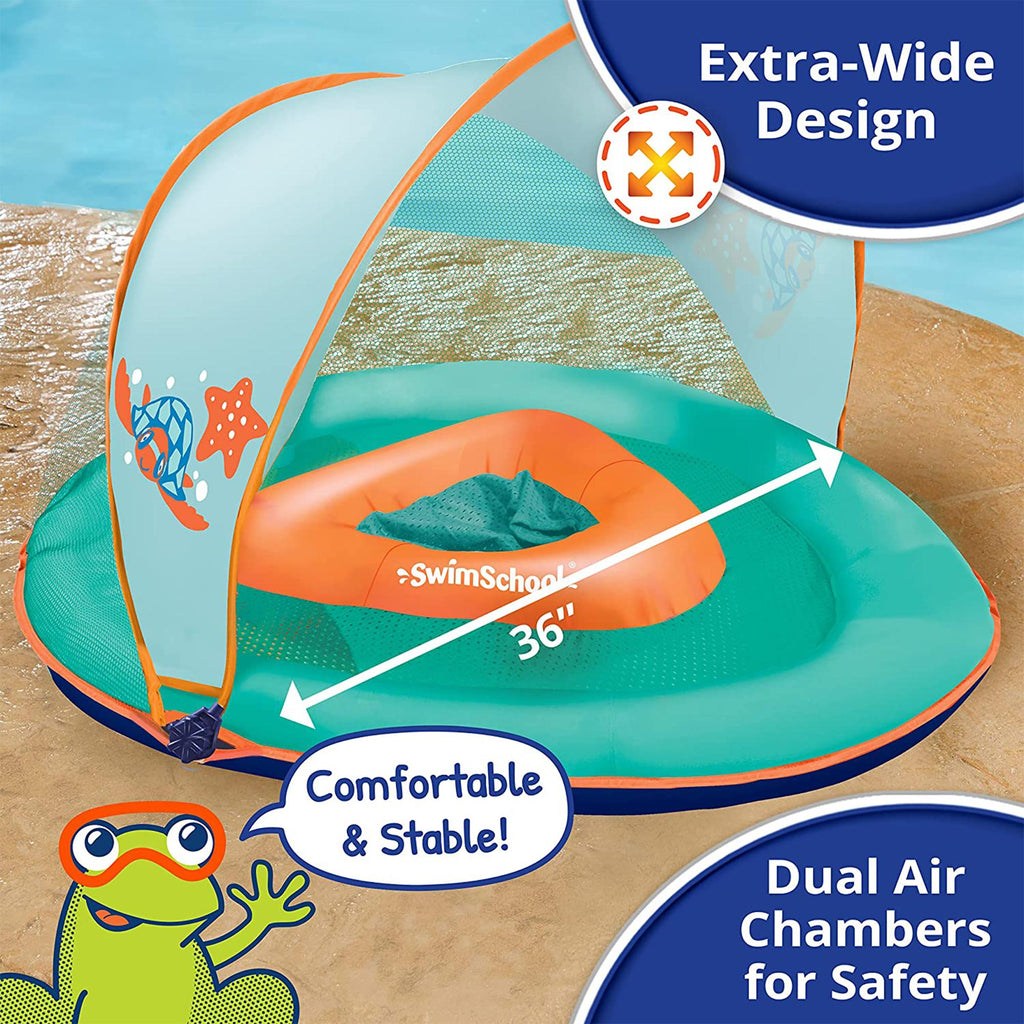SwimSchool Baby Boat Splash and Play Float with Adjustable Safety Seat, Dual Air Pillow Chambers, and Sun Shade Canopy, Orange,