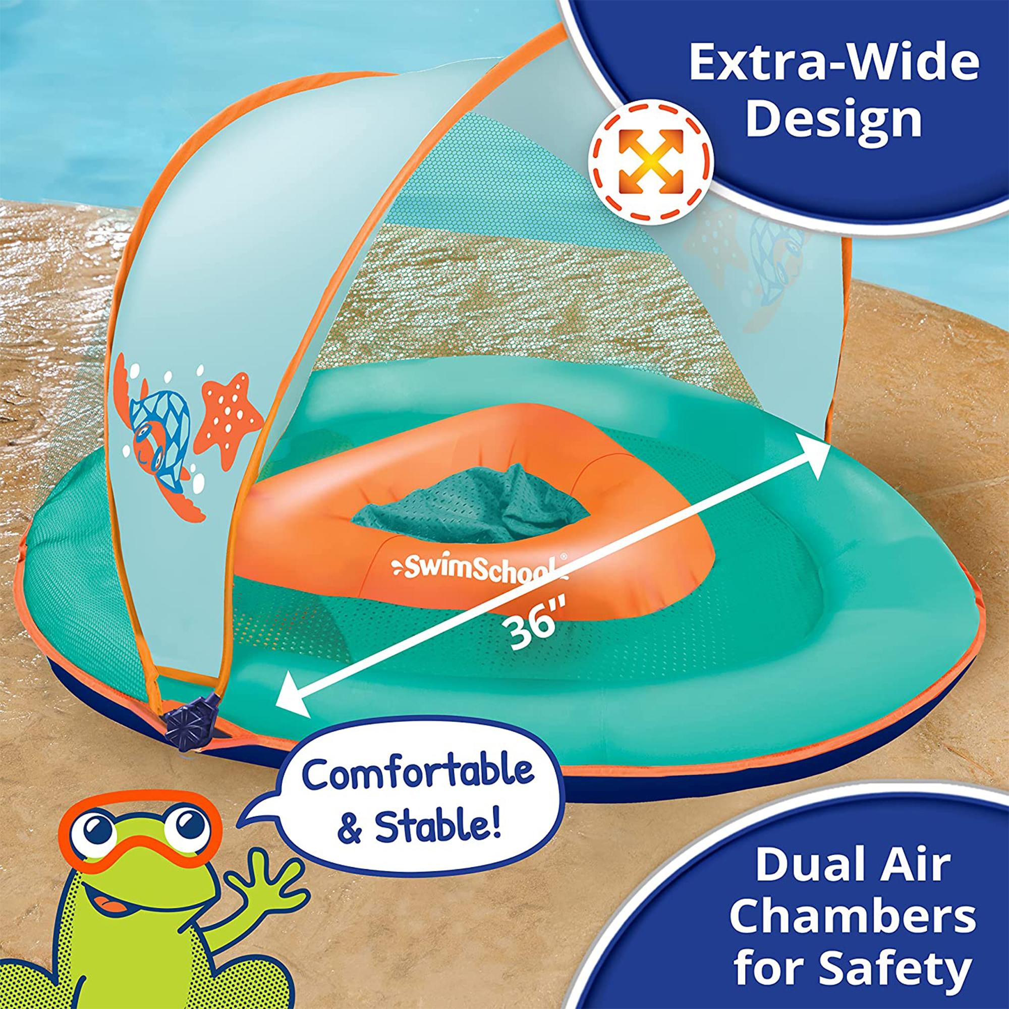 SwimSchool Baby Boat Splash and Play Float with Adjustable Safety Seat, Dual Air Pillow Chambers, and Sun Shade Canopy, Orange,