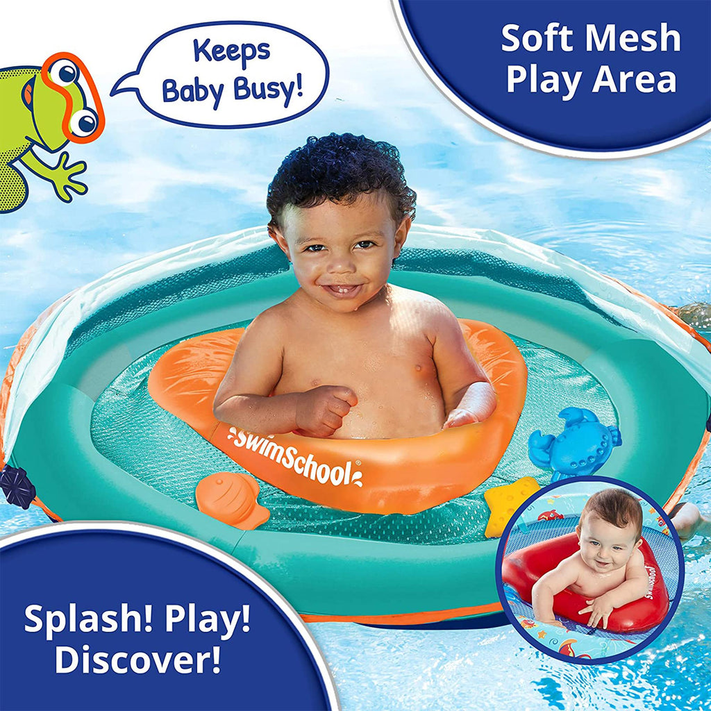 SwimSchool Baby Boat Splash and Play Float with Adjustable Safety Seat, Dual Air Pillow Chambers, and Sun Shade Canopy, Orange,