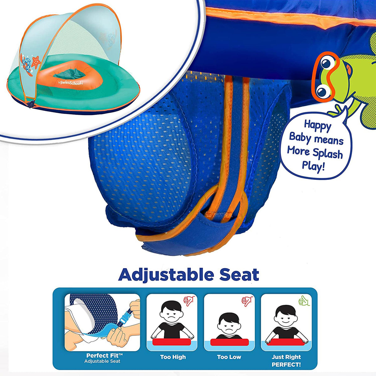 SwimSchool Baby Boat Splash and Play Float with Adjustable Safety Seat, Dual Air Pillow Chambers, and Sun Shade Canopy, Orange,