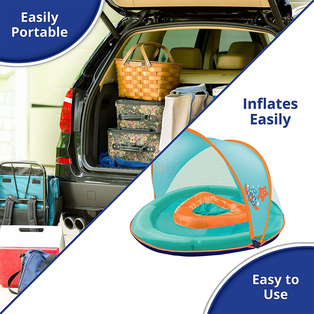 SwimSchool Baby Boat Splash and Play Float with Adjustable Safety Seat, Dual Air Pillow Chambers, and Sun Shade Canopy, Orange,