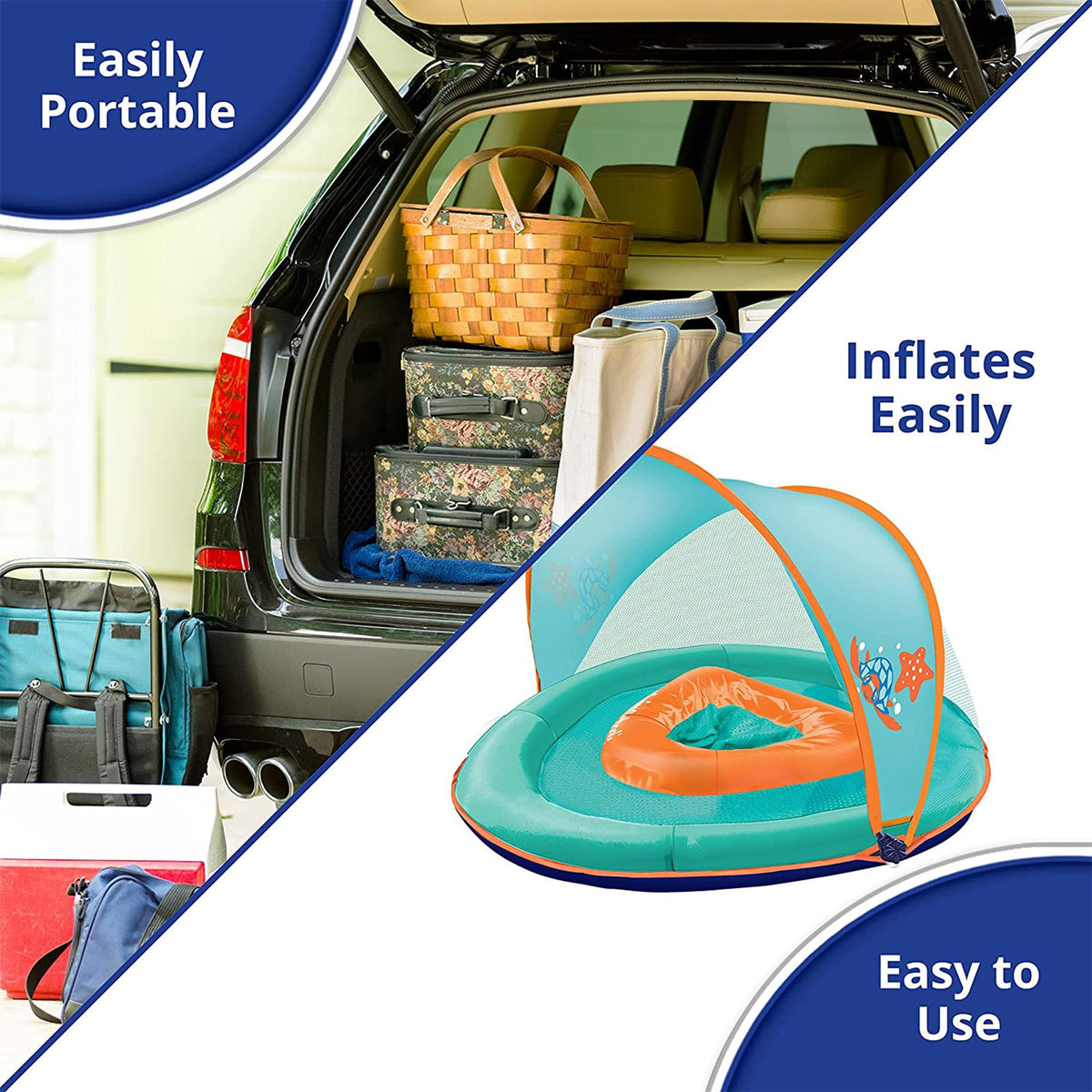 SwimSchool Baby Boat Splash and Play Float with Adjustable Safety Seat, Dual Air Pillow Chambers, and Sun Shade Canopy, Orange,